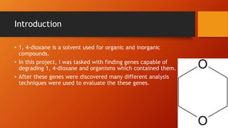 Introduction
• 1, 4-dioxane is a solvent used for organic and inorganic
compounds.
• In this project, I was tasked with finding genes capable of
degrading 1, 4-dioxane and organisms which contained them.
• After these genes were discovered many different analysis
techniques were used to evaluate the these genes.
 