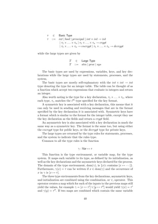 τ ∈ Basic Type
τ ::= int | bool | principal | int × int → int
| τ1 × . . . × τn | τ1 × . . . × τn → crypt
| τ1 × . . . × τn → encrypt | τ1 × . . . × τn → decrypt
while the large types are given by
T ∈ Large Type
T ::= stm | proc | sys
The basic types are used by expressions, variables, keys, and key dec-
larations while the large types are used by statements, processes, and the
system.
The basic types are mostly self-explanatory with the int × int → int
type denoting the type for an integer table. The table can be thought of as
a function which accept two expressions that evaluate to integers and return
an integer.
Also worth noting is the type for a key declaration, τ1 × . . . × τn, where
each type, τi, matches the ith type speciﬁed for the key format.
A symmetric key is associated with a key declaration, this means that it
can only be used in sending and receiving messages that are in the format
speciﬁed by the key declaration it is associated with. Symmetric keys have
a format which is similar to the format for the integer table, except they use
the key declaration as the ﬁelds and return a crypt ﬁeld.
An asymmetric key is also associated with a key declaration in much the
same way as a symmetric key. The format is the same too, but using either
the encrypt type for public keys, or the decrypt type for private keys.
The large types are returned by the type rules for statements, processes,
and the system to indicate that the rules type.
Common to all the type rules is the function
γ : Var → τ
This function is the type environment, or variable map, for the type
system. It maps each variable to its type, as deﬁned by its initialization, as
well as the key declarations and the asymmetric keys declared for the process.
The domain of the type environment, dom(γ), is {x|γ contains [x → · · · ]}.
Furthermore, γ(x) = τ can be written if x ∈ dom(γ) and the occurrence of
x in γ is [x → τ].
The three type environments from the key declarations, asymmetric keys,
and initialization are combined using the combination, or ∨, operator. This
operator creates a map which for each of the inputs to the previous maps still
yield the values, for example γ = [x → τ ] ∨ [y → τ ] would yield γ(x) = τ
and γ(y) = τ . If two maps are combined which contain the same variable
40
 