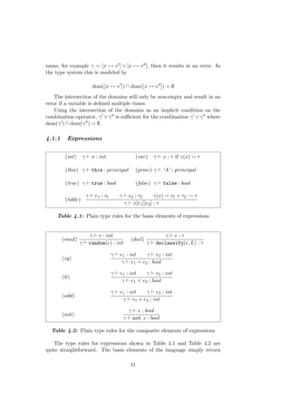 name, for example γ = [x → v ] ∨ [x → v ], then it results in an error. In
the type system this is modeled by
dom([x → v ]) ∩ dom([x → v ]) = ∅
The intersection of the domains will only be non-empty and result in an
error if a variable is deﬁned multiple times.
Using the intersection of the domains as an implicit condition on the
combination operator, γ ∨ γ is suﬃcient for the combination γ ∨ γ where
dom(γ ) ∩ dom(γ ) = ∅.
4.1.1 Expressions
(int) γ n : int (var) γ x : τ if γ(x) = τ
(this) γ this : principal (princ) γ ‘A’ : principal
(true) γ true : bool (false) γ false : bool
(table)
γ e1 : τ1 γ e2 : τ2 γ(x) = τ1 × τ2 → τ
γ x[e1][e2] : τ
Table 4.1: Plain type rules for the basis elements of expressions
(rand)
γ e : int
γ random(e) : int
(decl)
γ e : τ
γ declassify(e, L) : τ
(eq)
γ e1 : int γ e2 : int
γ e1 = e2 : bool
(lt)
γ e1 : int γ e2 : int
γ e1 < e2 : bool
(add)
γ e1 : int γ e2 : int
γ e1 + e2 : int
(not)
γ e : bool
γ not e : bool
Table 4.2: Plain type rules for the composite elements of expressions
The type rules for expressions shown in Table 4.1 and Table 4.2 are
quite straightforward. The basis elements of the language simply return
41
 