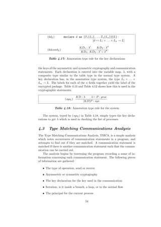 (kdL) declare d as {T1{L1}, . . . , Tn{Ln}}{L} :
[d → L1 × . . . × Ln → L]
(kdcombL)
KD1 : λ KD2 : λ
KD1; KD2 : λ ∨ λ
Table 4.17: Annotation type rule for the key declarations
the keys of the asymmetric and symmetric cryptography and communication
statements. Each declaration is entered into the variable map, λ, with a
composite type similar to the table type in the normal type system. A
key declaration has, in the annotation type system, the type L1 × . . . ×
Ln → L. The labels for each of the n ﬁelds together yield the label of the
encrypted package. Table 4.13 and Table 4.12 shows how this is used in the
cryptographic statements.
(sysL)
KD : λ λ P : proc
[KD]P : sys
Table 4.18: Annotation type rule for the system
The system, typed by (sysL) in Table 4.18, simply types the key decla-
rations to get λ which is used in checking the list of processes.
4.3 Type Matching Communications Analysis
The Type Matching Communications Analysis, TMCA, is a simple analysis
which notes occurrences of communication statements in a program, and
attempts to ﬁnd out if they are matched. A communication statement is
matched if there is another communication statement such that the commu-
nication can be carried out.
The analysis begins by traversing the program recording a some of in-
formation concerning each communication statement. The following pieces
of information are gathered:
• The type of operation, send or receive
• Asymmetric or symmetric cryptography
• The key declaration for the key used in the communication
• Iteration, is it inside a branch, a loop, or in the normal ﬂow
• The principal for the current process
54
 