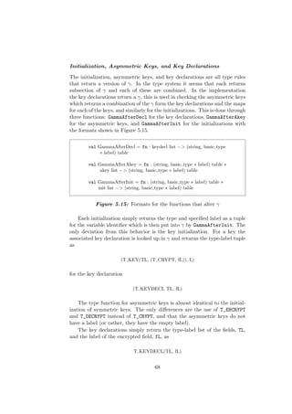 Initialization, Asymmetric Keys, and Key Declarations
The initialization, asymmetric keys, and key declarations are all type rules
that return a version of γ. In the type system it seems that each returns
subsection of γ and each of these are combined. In the implementation
the key declarations return a γ, this is used in checking the asymmetric keys
which returns a combination of the γ form the key declarations and the maps
for each of the keys, and similarly for the initializations. This is done through
three functions: GammaAfterDecl for the key declarations, GammaAfterAkey
for the asymmetric keys, and GammaAfterInit for the initializations with
the formats shown in Figure 5.15.
val GammaAfterDecl = fn : keydecl list −> (string, basic type
∗ label) table
val GammaAfterAkey = fn : (string, basic type ∗ label) table ∗
akey list −> (string, basic type ∗ label) table
val GammaAfterInit = fn : (string, basic type ∗ label) table ∗
init list −> (string, basic type ∗ label) table
Figure 5.15: Formats for the functions that alter γ
Each initialization simply returns the type and speciﬁed label as a tuple
for the variable identiﬁer which is then put into γ by GammaAfterInit. The
only deviation from this behavior is the key initialization. For a key the
associated key declaration is looked up in γ and returns the type-label tuple
as
(T KEY(TL, (T CRYPT, fL)), L)
for the key declaration
(T KEYDECL TL, fL)
The type function for asymmetric keys is almost identical to the initial-
ization of symmetric keys. The only diﬀerences are the use of T_ENCRYPT
and T_DECRYPT instead of T_CRYPT, and that the asymmetric keys do not
have a label (or rather, they have the empty label).
The key declarations simply return the type-label list of the ﬁelds, TL,
and the label of the encrypted ﬁeld, fL, as
T KEYDECL(TL, fL)
68
 