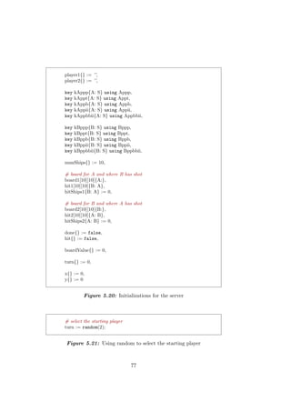 player1{} := ’’,
player2{} := ’’,
key kAppp{A: S} using Appp,
key kAppt{A: S} using Appt,
key kAppb{A: S} using Appb,
key kAppii{A: S} using Appii,
key kAppbbii{A: S} using Appbbii,
key kBppp{B: S} using Bppp,
key kBppt{B: S} using Bppt,
key kBppb{B: S} using Bppb,
key kBppii{B: S} using Bppii,
key kBppbbii{B: S} using Bppbbii,
numShips{} := 10,
# board for A and where B has shot
board1[10][10]{A:},
hit1[10][10]{B: A},
hitShips1{B: A} := 0,
# board for B and where A has shot
board2[10][10]{B:},
hit2[10][10]{A: B},
hitShips2{A: B} := 0,
done{} := false,
hit{} := false,
boardValue{} := 0,
turn{} := 0,
x{} := 0,
y{} := 0
Figure 5.20: Initializations for the server
# select the starting player
turn := random(2);
Figure 5.21: Using random to select the starting player
77
 