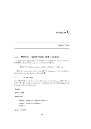 APPENDIX C
Source Code
C.1 Parser, Typechecker, and Analysis
The parser and typechecker are included as source ﬁles on the attached
CD-ROM, alternatively they can be downloaded from
http://www.jonas.rabbe.com/thesis/source-code.zip
To build and run the tool for the gWhile language, see the installation
instructions and user guide in Appendix B.
C.1.1 List of Files
The CD-ROM or zip ﬁle contains the directory structure and ﬁles shown
below. The ﬁle Readme contains the text of Appendix B, while Report.pdf
is a pdf version of this report.
Readme
Report.pdf
examples/
server-based-battleships-error.w
server-based-battleships.w
test.w
gwhile_tool/
93
 