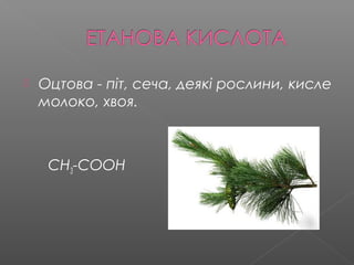  Oцтова - піт, сеча, деякі рослини, кисле 
молоко, хвоя. 
CH3-COOH 
 