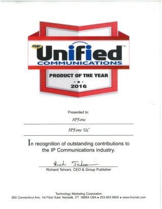Unified Communications  2016 Product of Year Awarded to IPFonoe