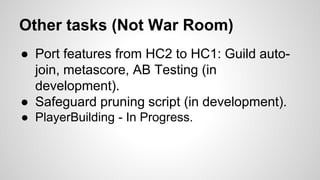 Other tasks (Not War Room)
● Port features from HC2 to HC1: Guild auto-
join, metascore, AB Testing (in
development).
● Safeguard pruning script (in development).
● PlayerBuilding - In Progress.
 