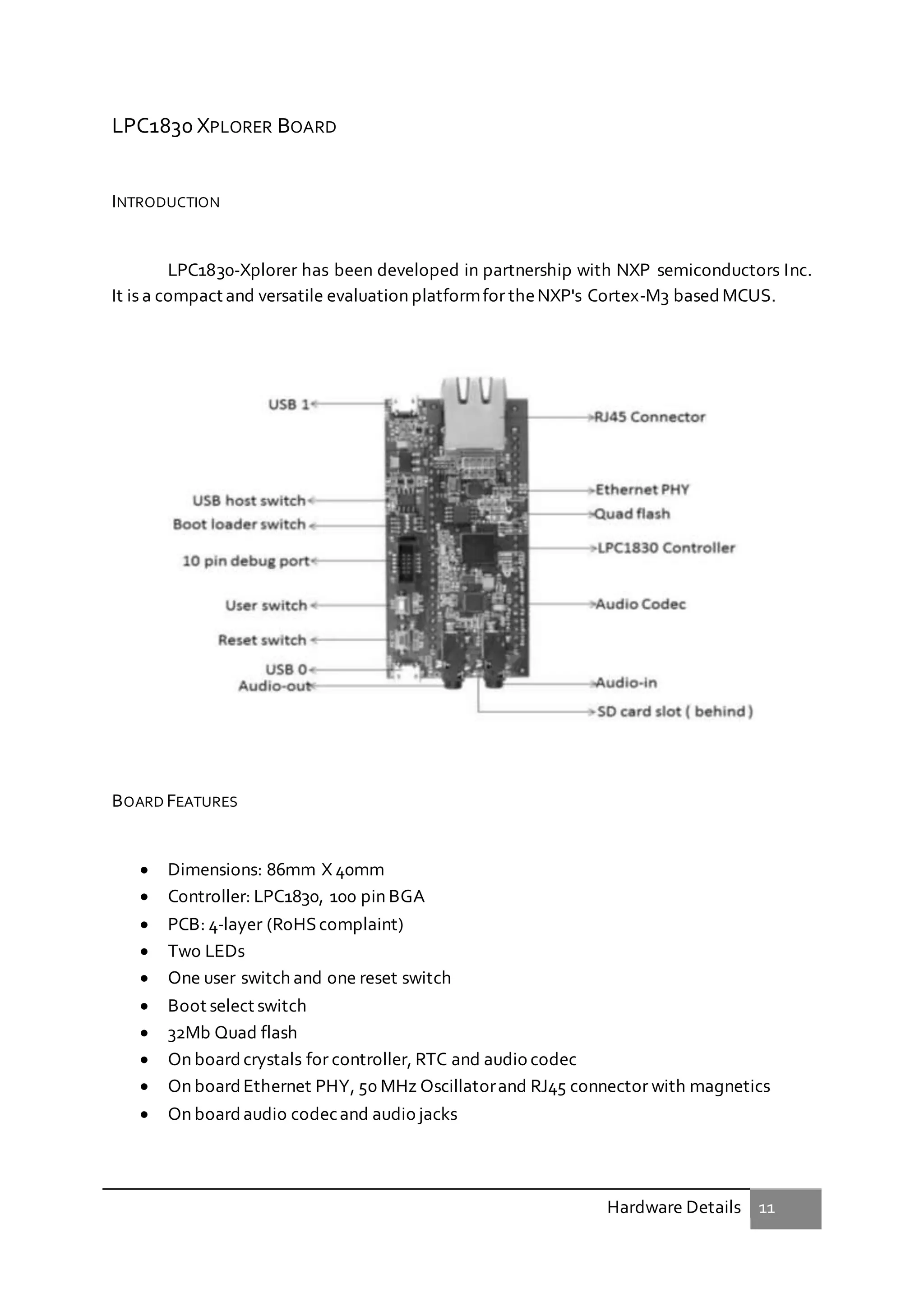Hardware Details 11
LPC1830 XPLORER BOARD
INTRODUCTION
LPC1830-Xplorer has been developed in partnership with NXP semiconductors Inc.
It is a compact and versatile evaluation platformfor theNXP's Cortex-M3 based MCUS.
BOARD FEATURES
 Dimensions: 86mm X 40mm
 Controller: LPC1830, 100 pin BGA
 PCB: 4-layer (RoHScomplaint)
 Two LEDs
 One user switch and one reset switch
 Boot select switch
 32Mb Quad flash
 On boardcrystals for controller, RTC and audio codec
 On boardEthernet PHY, 50 MHz Oscillatorand RJ45 connector with magnetics
 On boardaudio codecand audio jacks
 