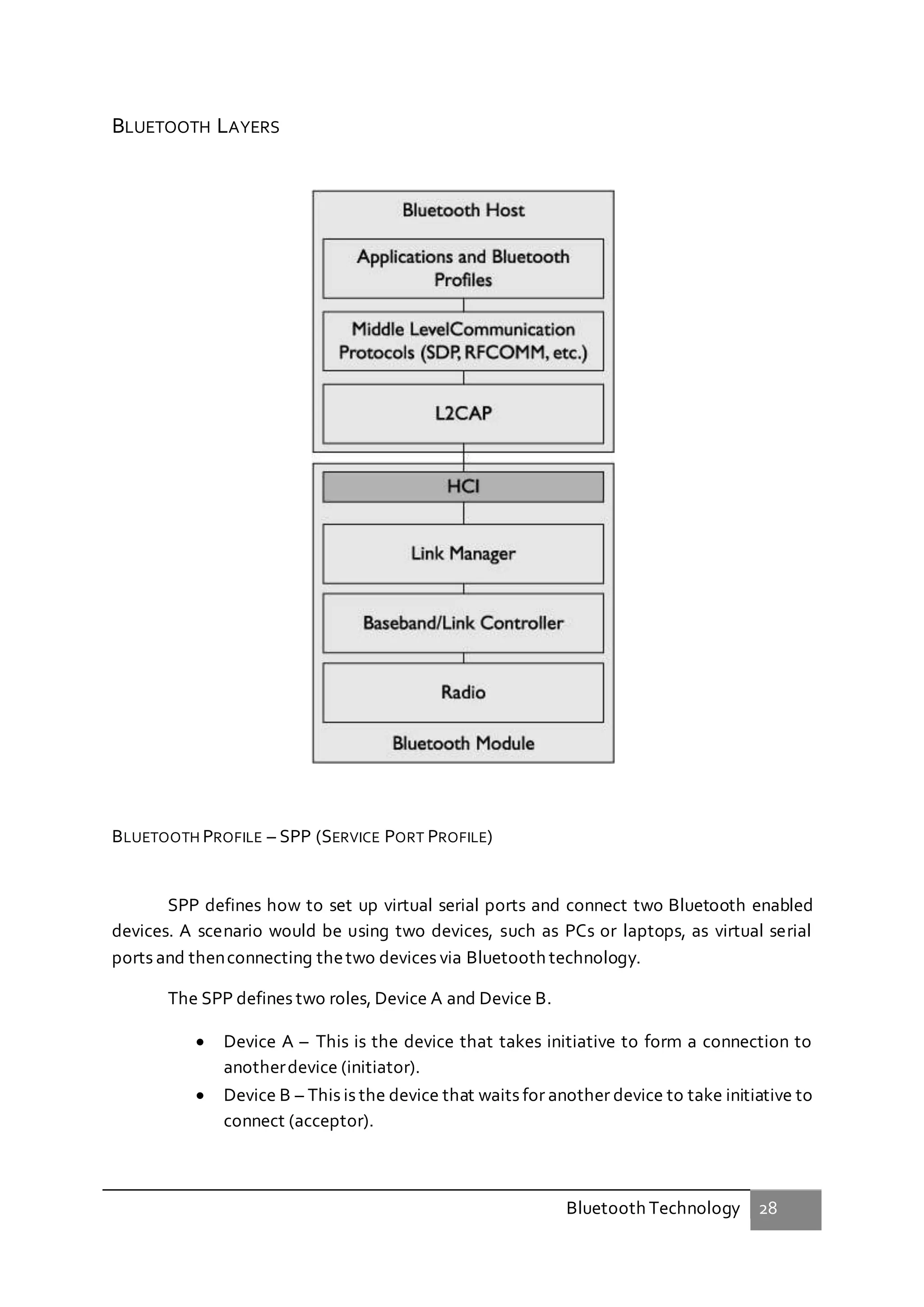 Bluetooth Technology 28
BLUETOOTH LAYERS
BLUETOOTH PROFILE – SPP (SERVICE PORT PROFILE)
SPP defines how to set up virtual serial ports and connect two Bluetooth enabled
devices. A scenario would be using two devices, such as PCs or laptops, as virtual serial
ports and thenconnecting thetwo devices via Bluetooth technology.
The SPP defines two roles, Device A and Device B.
 Device A – This is the device that takes initiative to form a connection to
anotherdevice (initiator).
 Device B – This is the device that waits for another device to take initiative to
connect (acceptor).
 