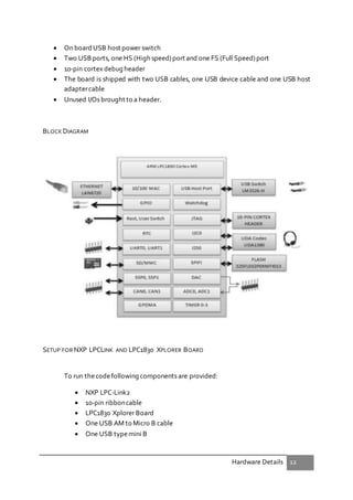 Hardware Details 12
 On boardUSB host power switch
 Two USB ports, one HS (High speed)port and one FS (Full Speed)port
 10-pin cortex debug header
 The board is shipped with two USB cables, one USB device cable and one USB host
adaptercable
 Unused I/Os brought to a header.
BLOCK DIAGRAM
SETUP FOR NXP LPCLINK AND LPC1830 XPLORER BOARD
To run thecodefollowing components are provided:
 NXP LPC-Link2
 10-pin ribboncable
 LPC1830 Xplorer Board
 One USB AM to Micro B cable
 One USB typemini B
 