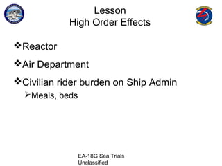 EA-18G Sea Trials
Unclassified
Lesson
High Order Effects
Reactor
Air Department
Civilian rider burden on Ship Admin
Meals, beds
 