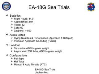 EA-18G Sea Trials
Unclassified
EA-18G Sea Trials
 Statistics
 Flight Hours: 44.0
 Approaches: 319
 Traps: 62
 Cats: 60
 Zappers: > 500
 Areas tested
 Flying Qualities & Performance (Approach & Catapult)
 Precision Approach & Landing (PALS)
 Loadout
 Symmetric 48K lbs gross weight
 Asymmetric 26K ft-lbs, 48K lbs gross weight
 Configurations
 Full flaps
 Half flaps
 Manual & Auto Throttle (ATC)
 