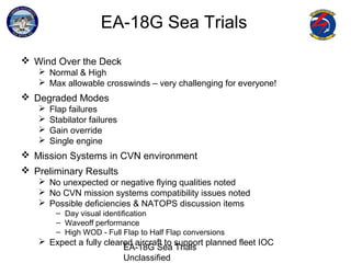 EA-18G Sea Trials
Unclassified
EA-18G Sea Trials
 Wind Over the Deck
 Normal & High
 Max allowable crosswinds – very challenging for everyone!
 Degraded Modes
 Flap failures
 Stabilator failures
 Gain override
 Single engine
 Mission Systems in CVN environment
 Preliminary Results
 No unexpected or negative flying qualities noted
 No CVN mission systems compatibility issues noted
 Possible deficiencies & NATOPS discussion items
– Day visual identification
– Waveoff performance
– High WOD - Full Flap to Half Flap conversions
 Expect a fully cleared aircraft to support planned fleet IOC
 