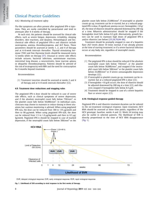 Clinical Practice Guidelines
4.8.2. Monitoring of treatment safety                                                 platelet count falls below 25,000/mm3. If neutrophil or platelet
                                                                                      counts go up, treatment can be re-started, but at a reduced pegy-
Flu-like symptoms are often present after pegylated IFN-a injec-                      lated IFN-a dose. If signiﬁcant anemia occurs (hemoglobin <10 g/
tions. They are easily controlled by paracetamol and tend to                          dl), the dose of ribavirin should be adjusted downward by 200 mg
attenuate after 4–6 weeks of therapy.                                                 at a time. Ribavirin administration should be stopped if the
    At each visit, the patients should be assessed for clinical side                  hemoglobin level falls below 8.5 g/dl. Alternatively, growth fac-
effects, such as severe fatigue, depression, irritability, sleeping                   tors can be used to maintain high doses of pegylated IFN-a
disorders, skin reactions, and dyspnea. Hematological and bio-                        and/or ribavirin (see below) [55,56,76,84–88].
chemical side effects of pegylated IFN-a and ribavirin include                            Treatment should be promptly stopped in case of a hepatitis
neutropenia, anemia, thrombocytopenia, and ALT ﬂares. These                           ﬂare (ALT levels above 10 times normal, if not already present
parameters should be assessed at weeks 1, 2, and 4 of therapy                         at the time of starting treatment) or if a severe bacterial infection
and at 4–8 week intervals thereafter. Thyroid stimulating hor-                        occurs at any body site, regardless of neutrophil counts.
mone (TSH) and free thyroxine levels should be measured every
12 weeks while on therapy [57]. Unusual or severe side effects                            Recommendations
include seizures, bacterial infections, autoimmune reactions,
interstitial lung disease, a neuroretinitis, bone marrow aplasia                         (1) The pegylated IFN-a dose should be reduced if the absolute
or idiopathic thrombocytopenia. Patients should be advised of                                neutrophil count falls below 750/mm3, or the platelet
the risk of teratogenicity with RBV and the need for contraception                           count falls below 50,000/mm3, and stopped if the neutro-
for 6 months beyond treatment.                                                               phil count falls below 500/mm3 or the platelet count falls
                                                                                             below 25,000/mm3 or if severe unmanageable depression
      Recommendations                                                                        develops (C2).
                                                                                         (2) If neutrophil or platelet counts go up, treatment can be re-
     (1) Treatment toxicities should be assessed at weeks 2 and 4                            started, but at a reduced pegylated IFN-a dose (C2).
         of therapy and at 4–8 week intervals thereafter (C2).                           (3) If hemoglobin <10 g/dl occurs, the dose of ribavirin should
                                                                                             be adjusted downward by 200 mg at a time (C2), and riba-
4.9. Treatment dose reductions and stopping rules                                            virin stopped if hemoglobin falls below 8.5 g/dl.
                                                                                         (4) Treatment should be stopped in case of a severe hepatitis
The pegylated IFN-a dose should be reduced in case of severe                                 ﬂare or severe sepsis (C2).
side effects, such as clinical symptoms of severe depression,
and if the absolute neutrophil count falls below 750/mm3, or                          4.10. Virological response-guided therapy
the platelet count falls below 50,000/mm3. In individual cases,
clinicians may choose to maintain or reduce dosing in these situ-                     Pegylated IFN-a and ribavirin treatment duration can be tailored
ations but cautious monitoring is advised. When using pegylated                       to the on-treatment virological response. Upon treatment, HCV
IFN-a2a, the dose can be reduced from 180 to 135 lg/week and                          RNA should be assessed at three time points, regardless of the
then to 90 lg/week. When using pegylated IFN-a2b, the dose                            HCV genotype: baseline, weeks 4 and 12. Week 24 testing may
can be reduced from 1.5 to 1.0 lg/kg/week and then to 0.5 lg/                         also be useful in selected patients. The likelihood of SVR is
kg/week. Pegylated IFN-a should be stopped in case of marked                          directly proportional to the time of HCV RNA disappearance
depression, if the neutrophil count falls below 500/mm3 or the                        (Fig. 1).


                     HCV RNA
                                               Phase 1 (24-48 h)
                                               Phase 2




              Limit of Detection
                       ≤50 (IU/ml)

                                              RVR      EVR             DVR


                   Clearance of
                   infected cells
                                     0    1      4      12               24                                48                            72
                                                                                   weeks

                                                                   Likelihood of SVR

    DVR, delayed virological response; EVR, early virological response; RVR, rapid virological response.

Fig. 1. Likelihood of SVR according to viral response in the ﬁrst weeks of therapy.


8                                                      Journal of Hepatology 2011 vol. xxx j xxx–xxx
 