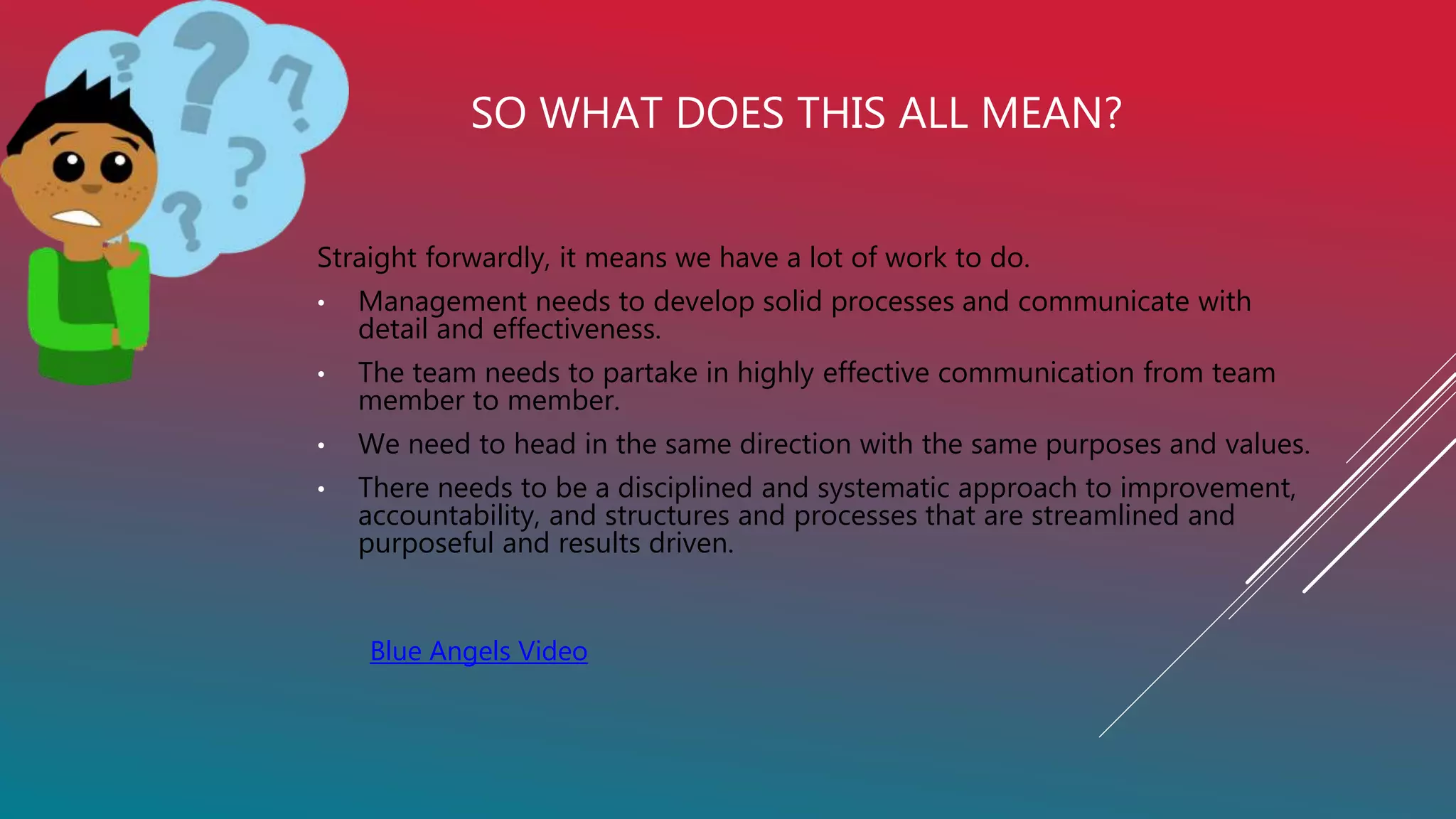 SO WHAT DOES THIS ALL MEAN?
Straight forwardly, it means we have a lot of work to do.
• Management needs to develop solid processes and communicate with
detail and effectiveness.
• The team needs to partake in highly effective communication from team
member to member.
• We need to head in the same direction with the same purposes and values.
• There needs to be a disciplined and systematic approach to improvement,
accountability, and structures and processes that are streamlined and
purposeful and results driven.
Blue Angels Video
 