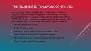THE PROBLEMS IN TEAMWORK CONTINUED:
Another theory comes from Mike Beer, Chairman and Founder of
Trupoint, a research based management consultancy and Professor
Emeritus at Harvard. He created what he calls the SIX SILENT BARRIER
THEORY. These silent barriers stand against progress and create a stall in
moving forward to a rebirth in any organization. These barriers are:
• Unclear strategy and values
• Ineffective senior team
• Leadership style is too top-down, or too laissez faire
• Poor horizontal coordination and communication
• Poor leadership skills, management skills, and development
• Poor or closed vertical communication
 