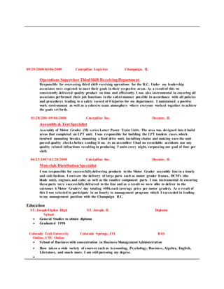 09/29/2008-04/06/2009 Caterpillar Logistics Champaign, IL
Operations Supervisor Third Shift Receiving Department
Responsible for overseeing third shift receiving operations for the ILC. Under my leadership
associates were expected to meet their goals in their respective areas. As a resultof this we
consistently delivered quality product on time and efficiently. I was also instrumental in ensuring all
associates performed their job functions in the safest manner possible in accordance with all policies
and procedures leading to a safety record of 0 injuries for my department. I maintained a positive
work environment as well as a cohesive team atmosphere where everyone worked together to achieve
the goals set forth.
01/28/200/-09/06/2008 Caterpillar Inc. Decatur, IL
Assembly & Test Specialist
Assembly of Motor Grader (M) series Lower Power Train Units. The area was designed into 6 build
areas that completed an LPT unit. I was responsible for building the LPT tandem cases,which
involved mounting breaks, mounting a final drive unit, installing chains and making sure the unit
passed quality checks before sending it on. As an assembler I had no recordable accidents nor any
quality related infractions resulting in producing 5 units every night, surpassing our goal of four per
shift.
04/23/2007-01/28/2008 Caterpillar Inc. Decatur, IL
Materials Distribution Specialist
I was responsible for successfullydelivering products to the Motor Grader assembly line in a timely
and safe fashion. I oversaw the delivery of large parts such as motor grader frames, DCM’s (the
blade unit), engines,and cabs; as well as the smaller component parts. I was instrumental in ensuring
these parts were successfullydelivered to the line and as a result we were able to deliver to the
customer 6 Motor Graders/ day totaling 400k each (average price per motor grader). As a result of
this I was selected to participate in an hourly to management program which I succeeded in leading
to my management position with the Champaign ILC.
Education
ST. Joseph-Ogden High
School
ST. Joseph, IL Diploma
 General Studies to obtain diploma
 Graduated 1998
Colorado Tech University
Online, CTU Online
Colorado Springs, CO. BAS
 School of Business with concentration in Business Management/Administration
 Have taken a wide variety of courses such as Accounting, Psychology, Business,Algebra, English,
Literature, and much more. I am still pursuing my degree.

 