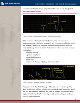 22
SANDIA NATIONAL LABORATORIES • R&D 100 2012 • ENTRY SUBMISSION
levels of several common fuel components of concern in fuel storage and
water quality applications.
Figure 11. Analysis of a water sample containing common fuel components.
Other hazardous solvents of concern to drinking water and wastewater
applications include chlorinated compounds such as those detected by the system
and shown in Figure 12. We anticipate additional applications with respect to
water monitoring. The measurement of chemicals in water is important for issues
ranging from:
• Homeland Security
• regulatory compliance
• taste and odor concerns
• remediation
• containment, cleanup, or tracking of chemical spills.
Figure 12. Analysis of hazardous chlorinated compounds
We also anticipate that this technology will be useful for air monitoring. Only
slight modifications will be required to collect and analyze air samples. The speed
and cost effectiveness of the system will allow, for example, occupational health
exposure monitoring. Breath monitoring in health-system settings or for disease
research is also anticipated.
 
