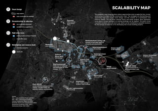 SCALABILITY MAP
The scalability map shows locations where opportunities exist to apply the four circular
construction strategies for the construction chain. The strategies are dismantling and
separation, high-value reuse, smart design, and the creation of a marketplace and
resource depots. The red areas indicate future real estate projects. Blue represents
areas where circular strategies on existing buildings can be applied. The white circles
represent locations currently not in use, which can be considered as possible locations
for the storage of materials or for developing new circular building projects.
 