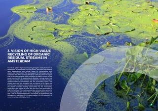 3. VISION OF HIGH-VALUE
RECYCLING OF ORGANIC
RESIDUAL STREAMS IN
AMSTERDAM
In order to achieve high-value recycling of organic residual streams in
Amsterdam, we established a circular vision. The vision and roadmap
were supplemented and refined based on conversations with
experts and stakeholders. The starting point for the analysis was the
realisation that there are many initiatives in the city and in the region
that are focused on higher value processing of organic streams. At the
same time, there is an opportunity to develop a strong cluster that
focuses on further value retention and optimised cascading of organic
residual streams in Amsterdam and the surrounding region. This
chapter describes four strategies that are tailored to the region and
link with local initiatives and innovative market parties. Furthermore,
the chapter considers trading opportunities for the municipality,
areas where the market is active and the role of the government is
that of a facilitator. The roadmap describes concrete action points for
the municipality to link to time lines, and highlights which parties can
play a role in the implementation. The impacts of implementing the
strategies are calculated for (1) value creation, (2) CO2-reduction, (3)
material savings and (4) job growth.
45
 