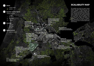 SCALABILITY MAP
The scalability map shows the organic residual
streams chain where opportunities lie for four
circular strategies: (1) waste separation and
return logistics, (2) cascading of organic flows,
(3) recovery of nutrients and (4) bio-refinery hub.
Green markings show places where household
waste is released and, thus, where the potential
lies for separation and return logistics. Green
and yellow points indicate supermarkets and
street markets and reflect the potential for
cascading in retail and industry. In addition,
large multinationals and food processors are
displayed on the map to indicate opportunities
for the industry.
 