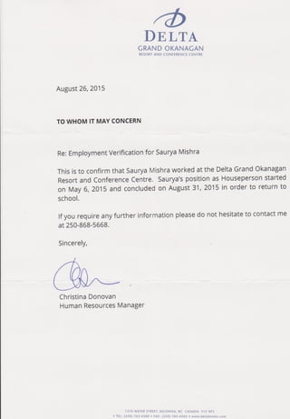 Delta Grand Okanagan Experience Letter