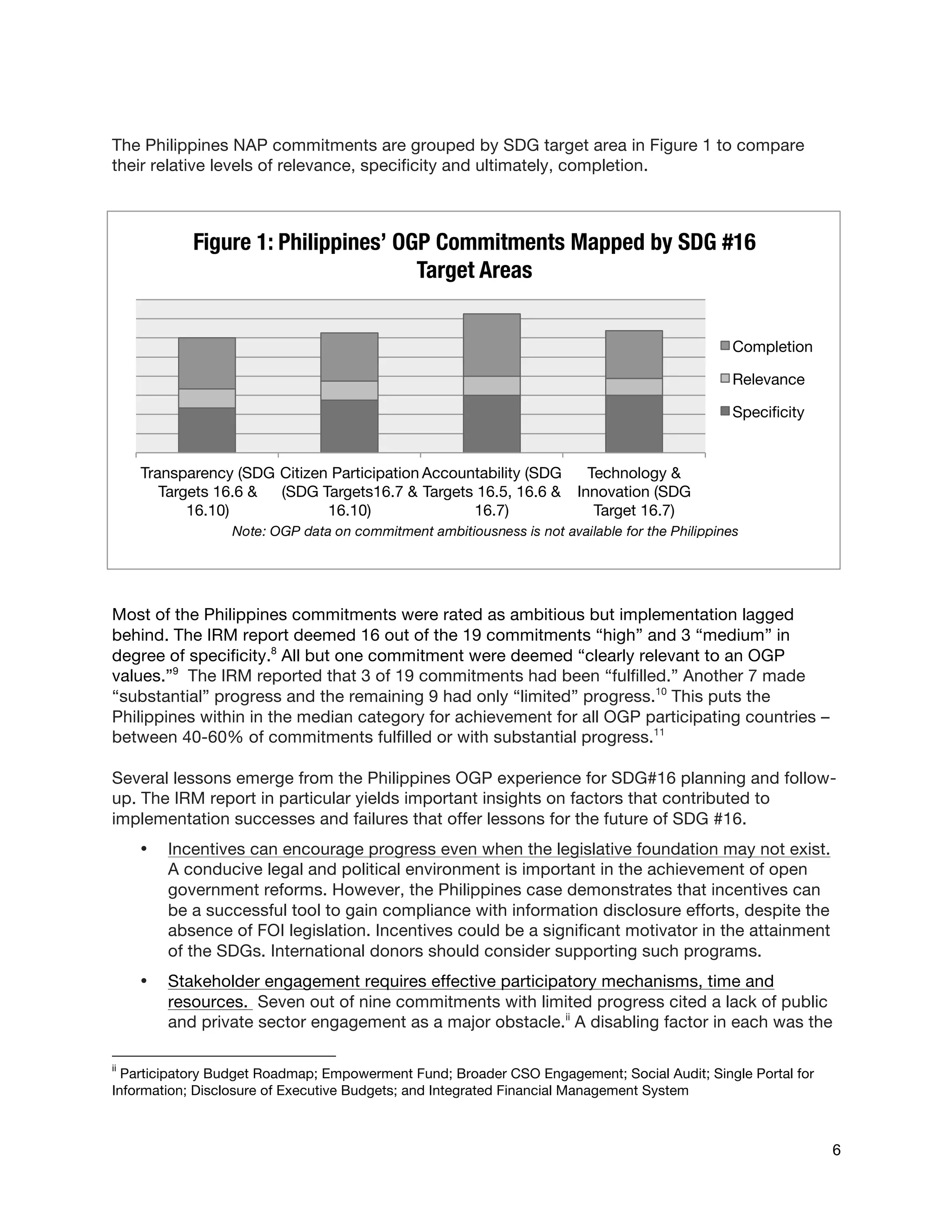  
6
The Philippines NAP commitments are grouped by SDG target area in Figure 1 to compare
their relative levels of relevance, specificity and ultimately, completion.
Most of the Philippines commitments were rated as ambitious but implementation lagged
behind. The IRM report deemed 16 out of the 19 commitments “high” and 3 “medium” in
degree of specificity.8
All but one commitment were deemed “clearly relevant to an OGP
values.”9
The IRM reported that 3 of 19 commitments had been “fulfilled.” Another 7 made
“substantial” progress and the remaining 9 had only “limited” progress.10
This puts the
Philippines within in the median category for achievement for all OGP participating countries –
between 40-60% of commitments fulfilled or with substantial progress.11
Several lessons emerge from the Philippines OGP experience for SDG#16 planning and follow-
up. The IRM report in particular yields important insights on factors that contributed to
implementation successes and failures that offer lessons for the future of SDG #16.
• Incentives can encourage progress even when the legislative foundation may not exist.
A conducive legal and political environment is important in the achievement of open
government reforms. However, the Philippines case demonstrates that incentives can
be a successful tool to gain compliance with information disclosure efforts, despite the
absence of FOI legislation. Incentives could be a significant motivator in the attainment
of the SDGs. International donors should consider supporting such programs.
• Stakeholder engagement requires effective participatory mechanisms, time and
resources. Seven out of nine commitments with limited progress cited a lack of public
and private sector engagement as a major obstacle.ii
A disabling factor in each was the
	
  	
  	
  	
  	
  	
  	
  	
  	
  	
  	
  	
  	
  	
  	
  	
  	
  	
  	
  	
  	
  	
  	
  	
  	
  	
  	
  	
  	
  	
  	
  	
  	
  	
  	
  	
  	
  	
  	
  	
  	
  	
  	
  	
  	
  	
  	
  	
  	
  	
  	
  	
  	
  	
  	
  	
  
ii
Participatory Budget Roadmap; Empowerment Fund; Broader CSO Engagement; Social Audit; Single Portal for
Information; Disclosure of Executive Budgets; and Integrated Financial Management System
Transparency (SDG
Targets 16.6 &
16.10)
Citizen Participation
(SDG Targets16.7 &
16.10)
Accountability (SDG
Targets 16.5, 16.6 &
16.7) 
Technology &
Innovation (SDG
Target 16.7)
Figure 1: Philippines’ OGP Commitments Mapped by SDG #16
Target Areas

Completion
Relevance
Speciﬁcity
Note: OGP data on commitment ambitiousness is not available for the Philippines
 