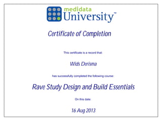 Certificate of Completion
This certificate is a record that:
Wids Derisma
has successfully completed the following course:
Rave Study Design and Build Essentials
On this date:
16 Aug 2013
 
