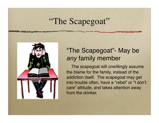 “The Scapegoat”
“The Scapegoat”- May be
any family member

 The scapegoat will unwillingly assume
the blame for the family, instead of the
addiction itself. The scapegoat may get
into trouble often, have a “rebel” or “I don’t
care” attitude, and takes attention away
from the drinker.
 