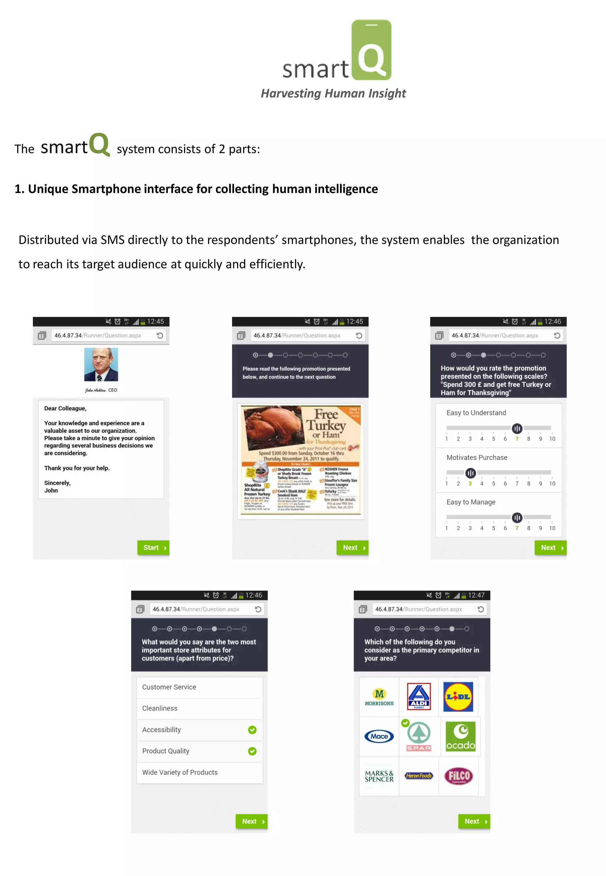 The smartQ system consists of 2 parts: 
1. Unique Smartphone interface for collecting human intelligence 
Distributed via SMS directly to the respondents’ smartphones, the system enables the organization to reach its target audience at quickly and efficiently. 
Harvesting Human Insight  