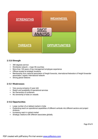 Page 29 of 92
2.12.0 Strength
• 360 degrees service
• Worldwide network – major 65 countries
• More than 100 years of top management employee experience
• Offices located at strategic locations
• Membership from national association of freight forwords, international federation of freight forwarder
association, logistic international network
• Strong global relations
2.12.1 Weaknesses
• Very young company (3 year old)
• Reach and availability of operational services
• No Ownership of containers
• No ownership of slots on vessels
2.12.2 Opportunities
• Large number of un tabbed market in India
• Expanding reach an operational capabilities of different verticals into different sectors and project
divisions
• Increasing reach in global market
• Strategic relations with different associates globally
STRENGTHS WEAKNESS.
THREATS. OPPURTUNITIES.
SWOT
ANALYSIS
PDF created with pdfFactory Pro trial version www.pdffactory.com
 