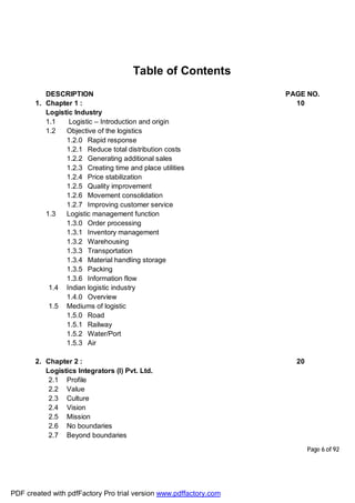 Page 6 of 92
Table of Contents
DESCRIPTION PAGE NO.
1. Chapter 1 : 10
Logistic Industry
1.1 Logistic – Introduction and origin
1.2 Objective of the logistics
1.2.0 Rapid response
1.2.1 Reduce total distribution costs
1.2.2 Generating additional sales
1.2.3 Creating time and place utilities
1.2.4 Price stabilization
1.2.5 Quality improvement
1.2.6 Movement consolidation
1.2.7 Improving customer service
1.3 Logistic management function
1.3.0 Order processing
1.3.1 Inventory management
1.3.2 Warehousing
1.3.3 Transportation
1.3.4 Material handling storage
1.3.5 Packing
1.3.6 Information flow
1.4 Indian logistic industry
1.4.0 Overview
1.5 Mediums of logistic
1.5.0 Road
1.5.1 Railway
1.5.2 Water/Port
1.5.3 Air
2. Chapter 2 : 20
Logistics Integrators (I) Pvt. Ltd.
2.1 Profile
2.2 Value
2.3 Culture
2.4 Vision
2.5 Mission
2.6 No boundaries
2.7 Beyond boundaries
PDF created with pdfFactory Pro trial version www.pdffactory.com
 