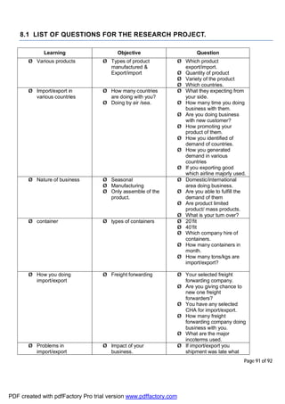 Page 91 of 92
8.1 LIST OF QUESTIONS FOR THE RESEARCH PROJECT.
Learning Objective Question
Ø Various products Ø Types of product
manufactured &
Export/import
Ø Which product
export/import.
Ø Quantity of product
Ø Variety of the product
Ø Which countries.
Ø Import/export in
various countries
Ø How many countries
are doing with you?
Ø Doing by air /sea.
Ø What they expecting from
your side.
Ø How many time you doing
business with them.
Ø Are you doing business
with new customer?
Ø How promoting your
product of them.
Ø How you identified of
demand of countries.
Ø How you generated
demand in various
countries
Ø If you exporting good
which airline majorly used.
Ø Nature of business Ø Seasonal
Ø Manufacturing
Ø Only assemble of the
product.
Ø Domestic/international
area doing business.
Ø Are you able to fulfill the
demand of them
Ø Are product limited
product/ mass products.
Ø What is your turn over?
Ø container Ø types of containers Ø 20’fit
Ø 40’fit
Ø Which company hire of
containers.
Ø How many containers in
month.
Ø How many tons/kgs are
import/export?
Ø How you doing
import/export
Ø Freight forwarding Ø Your selected freight
forwarding company.
Ø Are you giving chance to
new one freight
forwarders?
Ø You have any selected
CHA for import/export.
Ø How many freight
forwarding company doing
business with you.
Ø What are the major
incoterms used.
Ø Problems in
import/export
Ø Impact of your
business.
Ø If import/export you
shipment was late what
PDF created with pdfFactory Pro trial version www.pdffactory.com
 