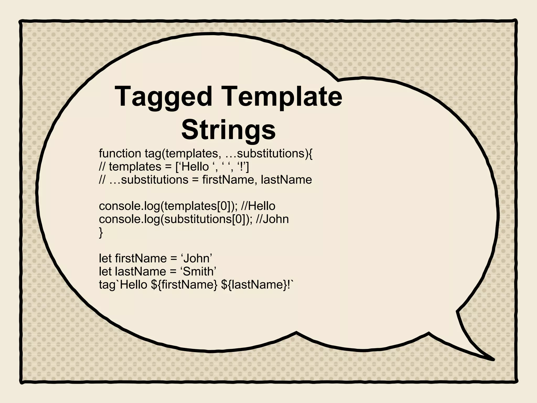 Tagged Template
Strings
function tag(templates, …substitutions){
// templates = [‘Hello ‘, ‘ ‘, ‘!’]
// …substitutions = firstName, lastName
console.log(templates[0]); //Hello
console.log(substitutions[0]); //John
}
let firstName = ‘John’
let lastName = ‘Smith’
tag`Hello ${firstName} ${lastName}!`
 