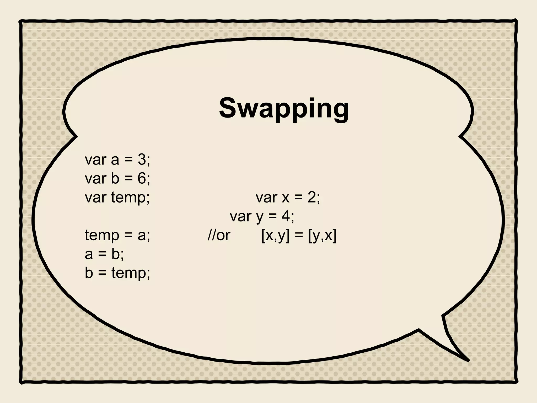 Swapping
var a = 3;
var b = 6;
var temp; var x = 2;
var y = 4;
temp = a; //or [x,y] = [y,x]
a = b;
b = temp;
 