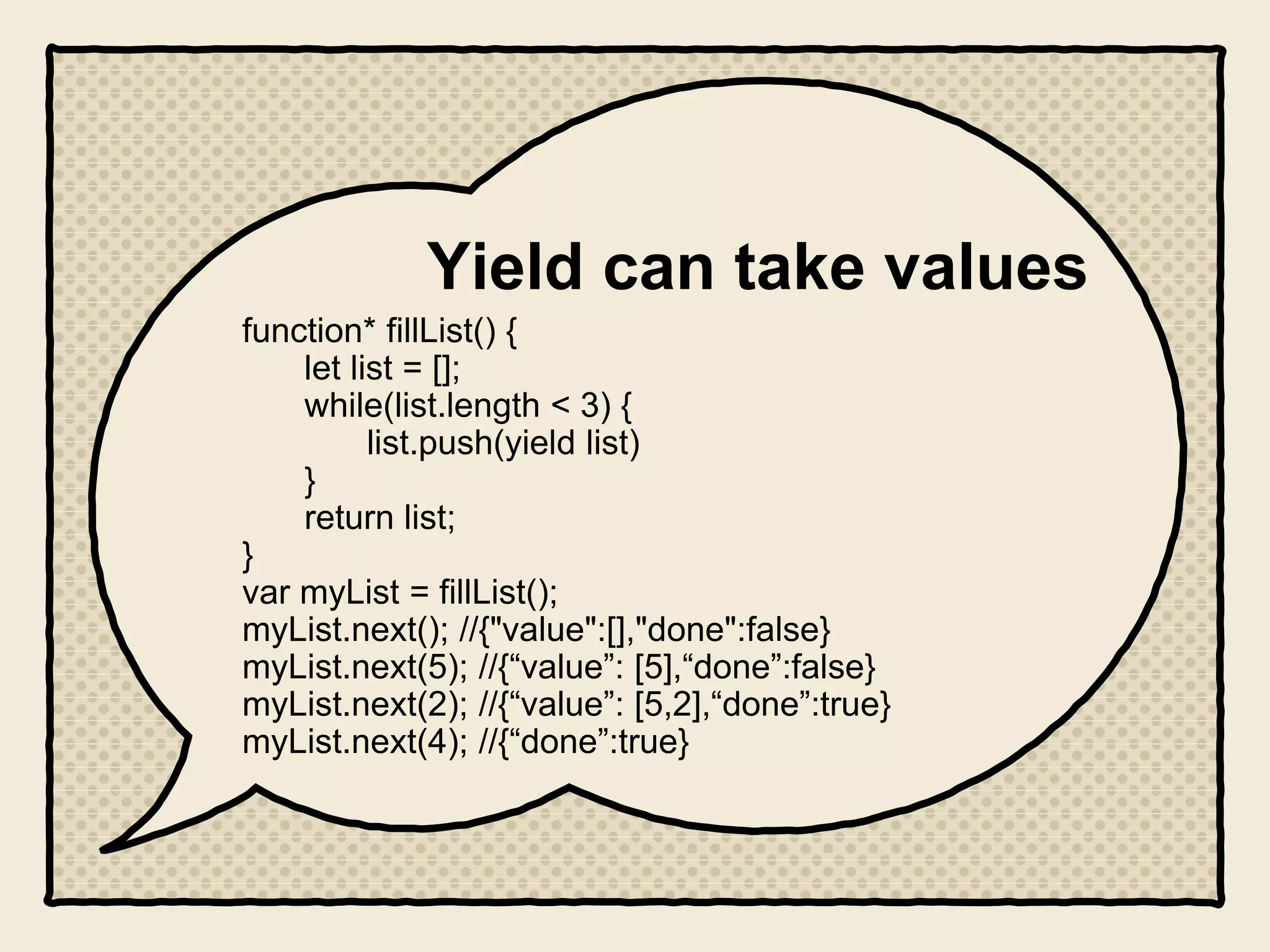 Yield can take values
function* fillList() {
let list = [];
while(list.length < 3) {
list.push(yield list)
}
return list;
}
var myList = fillList();
myList.next(); //{"value":[],"done":false}
myList.next(5); //{“value”: [5],“done”:false}
myList.next(2); //{“value”: [5,2],“done”:true}
myList.next(4); //{“done”:true}
 