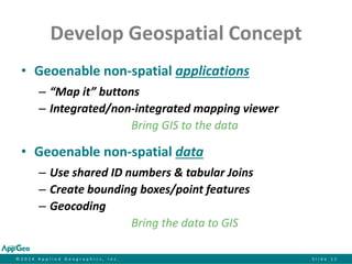 ©2014 Applied Geographics, Inc.Slide 11 
Develop Geospatial Concept 
•Geoenable non-spatial applications 
–“Map it” buttons 
–Integrated/non-integrated mapping viewer 
Bring GIS to the data 
•Geoenable non-spatial data 
–Use shared ID numbers & tabular Joins 
–Create bounding boxes/point features 
–Geocoding 
Bring the data to GIS  