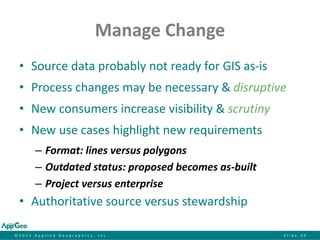 ©2014 Applied Geographics, Inc.Slide 30 
Manage Change 
•Source data probably not ready for GIS as-is 
•Process changes may be necessary & disruptive 
•New consumers increase visibility & scrutiny 
•New use cases highlight new requirements 
–Format: lines versus polygons 
–Outdated status: proposed becomes as-built 
–Project versus enterprise 
•Authoritative source versus stewardship  