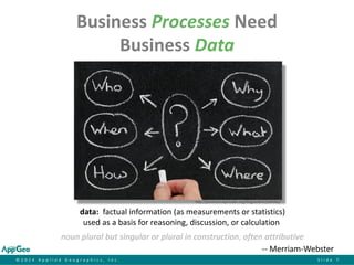 ©2014 Applied Geographics, Inc.Slide 7 
Business ProcessesNeed Business Data 
data: factual information (as measurements or statistics) 
used as a basis for reasoning, discussion, or calculation 
noun plural but singular or plural in construction,often attributive 
--Merriam-Webster 
http://premium.wpmudev.org/blog/author/joefoley/  