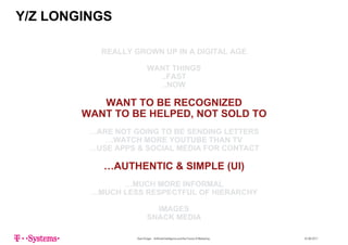 Y/Z LONGINGS
REALLY GROWN UP IN A DIGITAL AGE
WANT THINGS
..FAST
..NOW
WANT TO BE RECOGNIZED
WANT TO BE HELPED, NOT SOLD TO
…ARE NOT GOING TO BE SENDING LETTERS
…WATCH MORE YOUTUBE THAN TV
…USE APPS & SOCIAL MEDIA FOR CONTACT
AUTHENTIC & SIMPLE (UI)…AUTHENTIC & SIMPLE (UI)
…MUCH MORE INFORMAL
MUCH LESS RESPECTFUL OF HIERARCHY…MUCH LESS RESPECTFUL OF HIERARCHY
IMAGES
SNACK MEDIA
Sven Krüger - Artificial Intelligence and the Future of Marketing - 22.06.2017
SNACK MEDIA
 