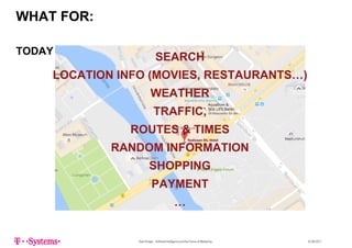 WHAT FOR:
SEARCH
TODAY
SEARCH
LOCATION INFO (MOVIES, RESTAURANTS…)
WEATHER
TRAFFICTRAFFIC,
ROUTES & TIMES
RANDOM INFORMATION
SHOPPINGSHOPPING
PAYMENT
…
Sven Krüger - Artificial Intelligence and the Future of Marketing - 22.06.2017
 