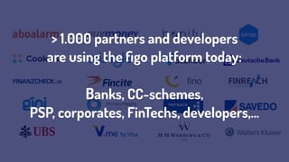 > 1.000 partners and developers 
are using the ﬁgo platform today:
Banks, CC-schemes,  
PSP, corporates, FinTechs, developers,…
 