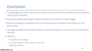 • Top Management teams all over the world are well aware of the problem and are actively
seeking out a solution
• As data and data sources grow exponentially, the problem only gets bigger
• Revenue leakage is inevitable with manual processes and «Even small leaks can sink
great ships»
• Shortage of skilled data analytics labor, and increasing labor costs call for an automated
solution
• JOIN US ...
Ø Stop Revenue Leakage
Ø Uncover Opportunities Hidden in Your Data
9
We’re Here to Help!
 