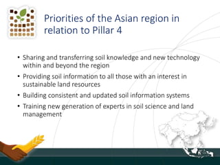 Priorities of the Asian region in
relation to Pillar 4
• Sharing and transferring soil knowledge and new technology
within and beyond the region
• Providing soil information to all those with an interest in
sustainable land resources
• Building consistent and updated soil information systems
• Training new generation of experts in soil science and land
management
 