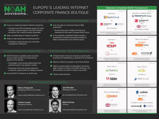 Selected Completed NOAH Transactions
Focus on Leading European Internet companies
Covering over 400 companies across 25 online
verticals, a broad range of over 500 investors
as well as 100+ online-focused corporates
Deep understanding of industry dynamics
Ability to add value beyond banking advice
Facilitates overall process and minimizes
management distraction
NOAH Advisors is globally well connected
and has direct access to virtually all key
players in the industry
Knowledge of and strong relationships with
potential buyers’ key decision makers
Proactively finds and unlocks attractive
investment opportunities for leading investors
Annual NOAH Conference in its 8th year
Over 40 years of combined relevant M&A
experience
Routine execution of M&A and financing
transactions with sizes of several billion euros
24 successfully completed NOAH Advisors
transactions underline successful transfer of
M&A competencies to the Internet sector
Entrepreneurial mind-set, focused on growing the
business and establishing a reputation for excellence
Ability to deliver top results in short time frames
Highly success-based compensation structures
align interests of clients and NOAH Advisors, and
demonstrate conviction to deliver top results
Creative deal solutions
September 2015
December 2014
September 2014
October 2014
May 2014
Sale of a 70% stake in
to
Exclusive Financial Advisor to
Drushim and its Shareholders
Sale of 100% of
for $800m to
Exclusive Financial Advisor to
Fotolia and the Selling Shareholders
Sale of 100% of
for €80m to
Exclusive Financial Advisor to
Trovit and its Shareholders
Sale of controlling stake in
to
Exclusive Financial Advisor to
Facile.it and its Shareholders
sold 100% of
for $228m to a joint venture between
Exclusive Financial Advisor to Yad2
and its Shareholders
Unique Industry Know-How
Unmatched Network and Relationships
Strong Investment Banking Competence
Full Commitment - We Are Entrepreneurs!
EUROPE’S LEADING INTERNET
CORPORATE FINANCE BOUTIQUE
September 2016October 2016
May 2016
Investment in
by
Financial Advisor to Oakley Capital
Exclusive Financial Advisor to
10Bis and its Shareholders
®
Marco Rodzynek
Managing Director & Founder
marco.rodzynek@noah-advisors.com
Jan Brandes
Managing Director
jan.brandes@noah-advisors.com
Justus Lumpe
Managing Director
justus.lumpe@noah-advisors.com
The NOAH Advisors Core Banking Team
Nikhil Parmar
Director
nikhil.parmar@noah-advisors.com
10Bis Drushim
Acquisition of a Majority Stake in
by
from
at a valuation of €300m
Investment in
Exclusive Financial Advisor to KäuferPortal
and its Shareholders
by
84% Ownership
 