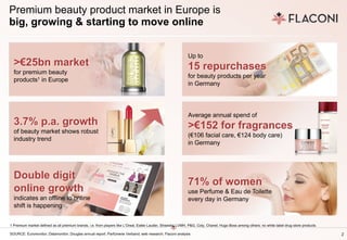 2
Premium beauty product market in Europe is
big, growing & starting to move online
>€25bn market
for premium beauty
products1 in Europe
Up to
15 repurchases
for beauty products per year
in Germany
Average annual spend of
>€152 for fragrances
(€106 facial care, €124 body care)
in Germany
71% of women
use Perfume & Eau de Toilette
every day in Germany
Double digit
online growth
indicates an offline to online
shift is happening
1 Premium market defined as all premium brands, i.e. from players like L’Oreal, Estée Lauder, Shiseido, LVMH, P&G, Coty, Chanel, Hugo Boss among others; no white label drug store products
SOURCE: Euromonitor; Datamonitor; Douglas annual report; Parfümerie Verband; web research; Flaconi analysis
3.7% p.a. growth
of beauty market shows robust
industry trend
 