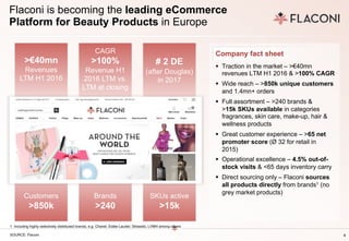 4
Company fact sheet
Flaconi is becoming the leading eCommerce
Platform for Beauty Products in Europe
>€40mn
Revenues
LTM H1 2016
CAGR
>100%
Revenue H1
2016 LTM vs.
LTM at closing
# 2 DE
(after Douglas)
in 2017
Customers
>850k
Brands
>240
SKUs active
>15k
§ Traction in the market – >€40mn
revenues LTM H1 2016 & >100% CAGR
§ Wide reach – >850k unique customers
and 1.4mn+ orders
§ Full assortment – >240 brands &
>15k SKUs available in categories
fragrances, skin care, make-up, hair &
wellness products
§ Great customer experience – >65 net
promoter score (Ø 32 for retail in
2015)
§ Operational excellence – 4.5% out-of-
stock visits & <65 days inventory carry
§ Direct sourcing only – Flaconi sources
all products directly from brands1 (no
grey market products)
1 Including highly selectively distributed brands, e.g. Chanel, Estée Lauder, Shiseido, LVMH among others
SOURCE: Flaconi
 