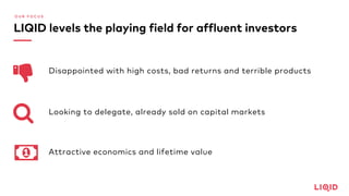 O U R F O C U S
LIQID levels the playing field for affluent investors
ŏ Disappointed with high costs, bad returns and terrible products
Looking to delegate, already sold on capital markets
Attractive economics and lifetime value
 