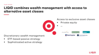 Discretionary wealth management
§ ETF-based passive strategy
§ Sophisticated active strategy
Access to exclusive asset classes
§ Private equity
§ …
O U R O F F E R
LIQID combines wealth management with access to
alternative asset classes
 