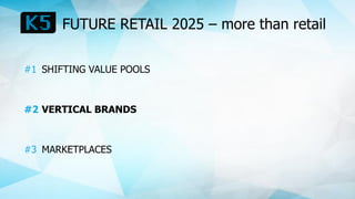 FUTURE RETAIL 2025 – more than retail
#1 SHIFTING VALUE POOLS
#2 VERTICAL BRANDS
#3 MARKETPLACES
 