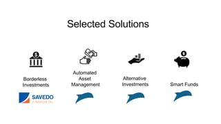 Selected Solutions
Smart Funds
Alternative
Investments
Borderless
Investments
Automated
Asset
Management
 